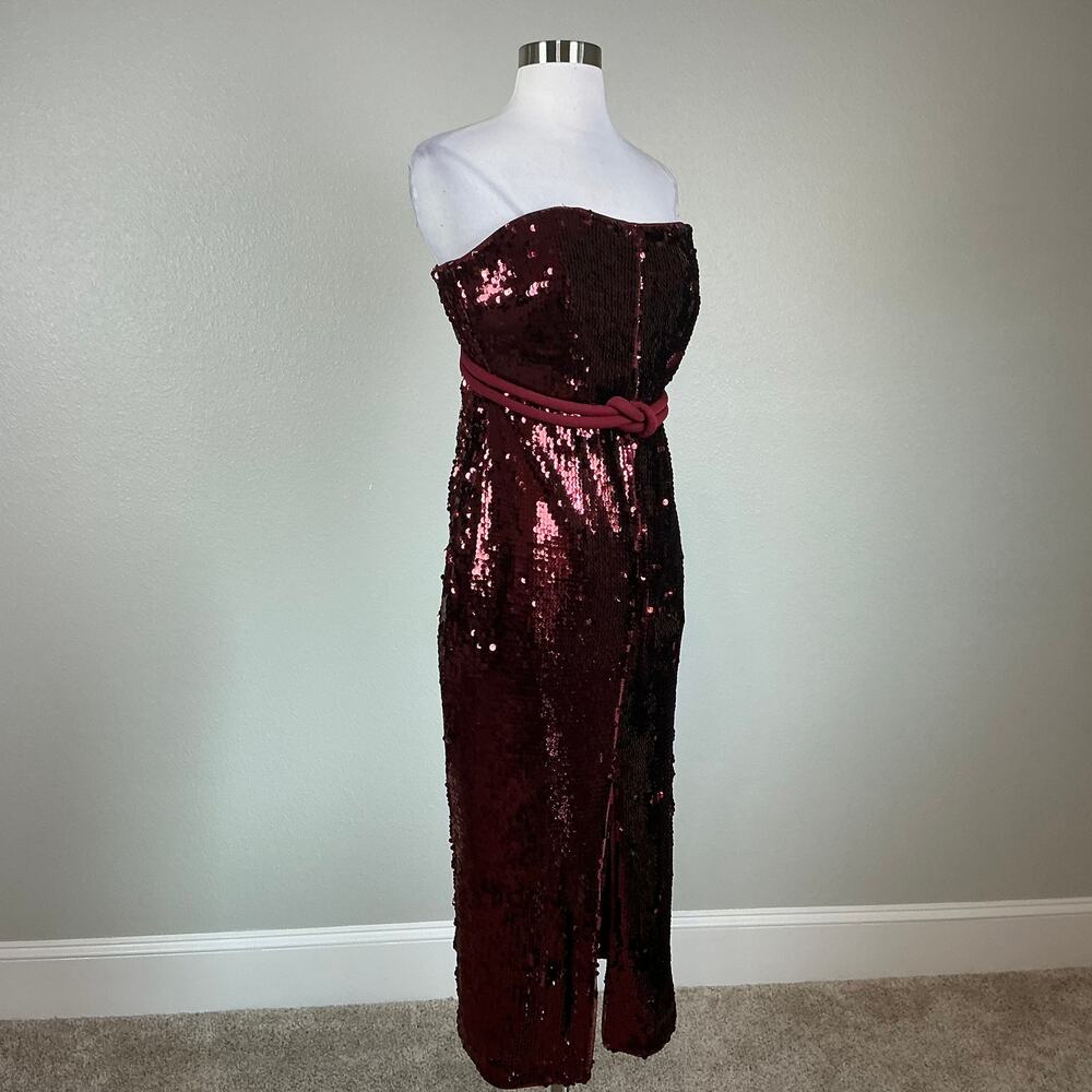 Badgley Mischka Red Cocktail Dress Sequined Strapless Belted Midi Sheath Size 16 - Picture 3 of 10